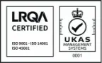 LRQA certification watermark/ logo that reads 'LRQA Certified, ISO 0991 - ISO 140001 - ISO 45002. UKAS Management Systems'